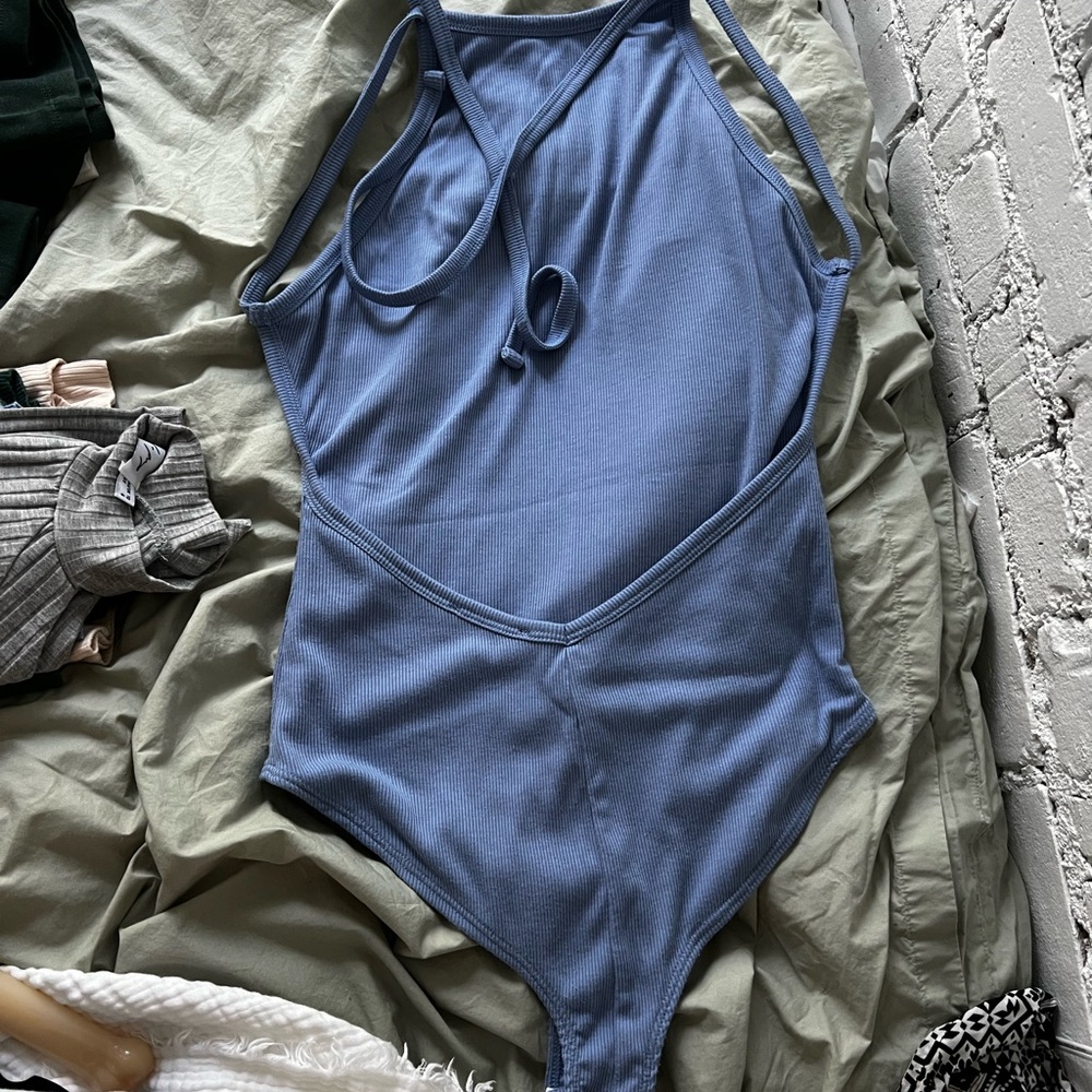 Lulu's Light Blue Ribbed Tie Back Body Suit